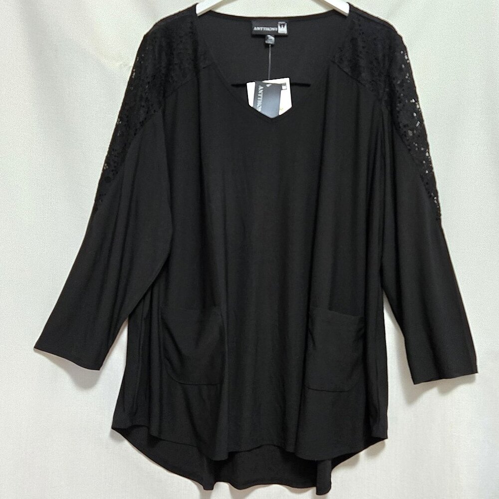 Antthony Original Black Long Sleeve V- neck Blouse/Top w/Lace.